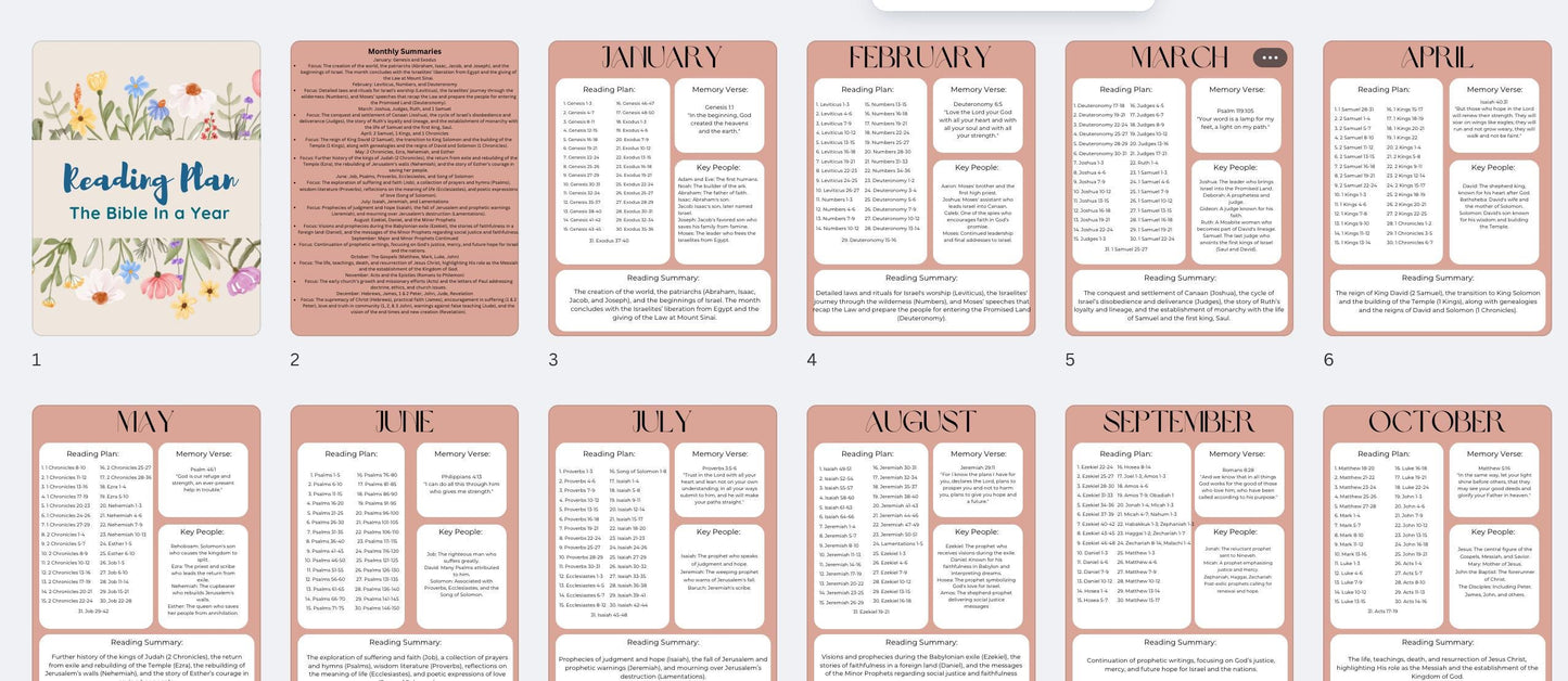 Bible In A Year Reading Plan - Monthly Summaries, Memory Verses, Key Bible Characters