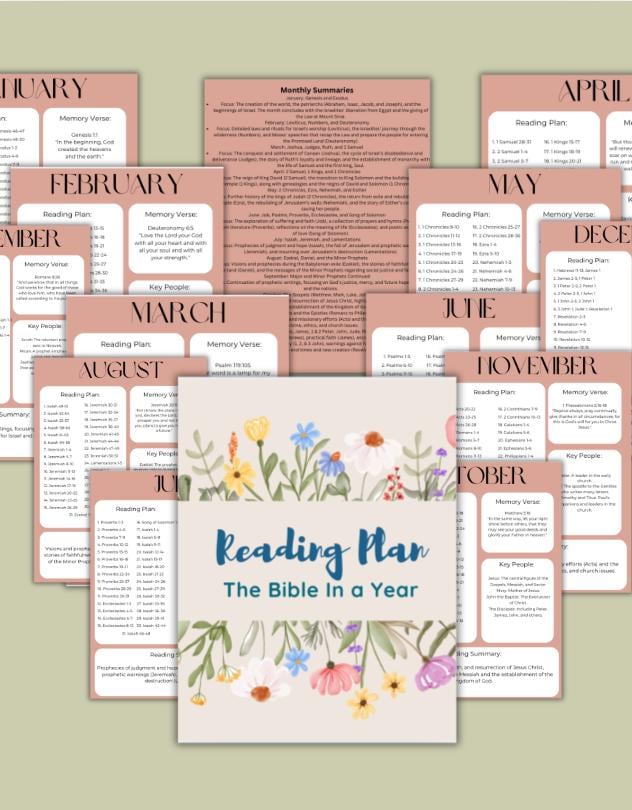 Bible In A Year Reading Plan - Monthly Summaries, Memory Verses, Key Bible Characters