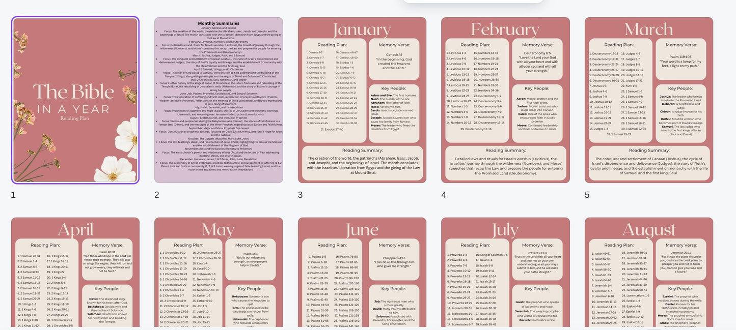 Bible In A Year Reading Plan - Monthly Summaries, Memory Verses, Key Bible Characters